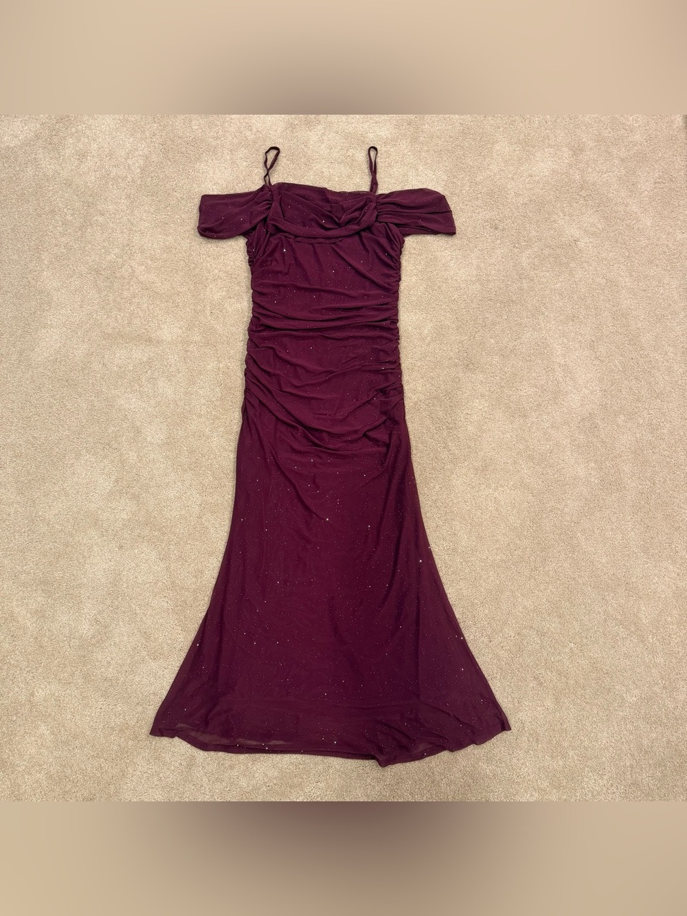 Off-Shoulder Sparkle Evening Dress Purple Burgundy NEW NWT size large ruched